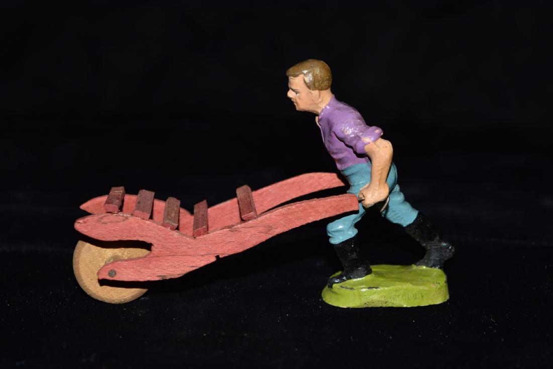 Elastolin Man Pushing Plow Toy Germany WWI Era Great: Elastolin Man Pushing Plow Toy Germany WWI Era Great Condition