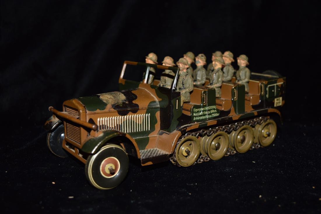 Pressed Metal WWII German Transport Truck with Chain: Pressed Metal WWII German Transport Truck with Chain Tracks Wind Up Toy Germany Mid 20th Century