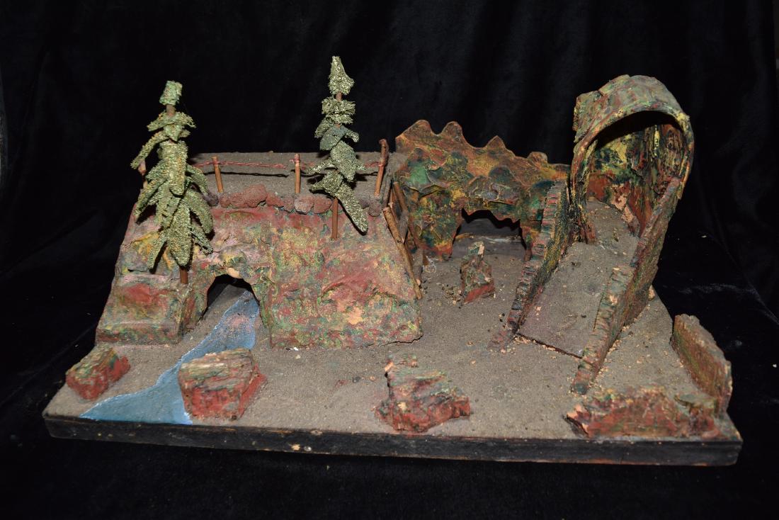 Wood Base Model Section with Creek, Trail, Cave Toy: Wood Base Model Section with Creek, Trail, Cave Toy Germany Mid 20th Century