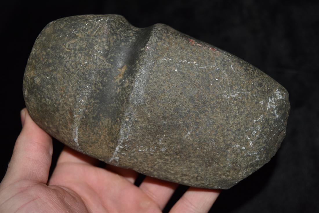 6 1/4" x 3 1/2" 3/4 groove fluted axe, good pecking an: 6 1/4" x 3 1/2" 3/4 groove fluted axe, good pecking an dwear marks, bit damage