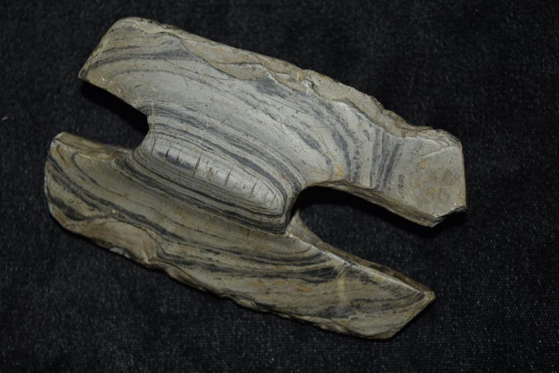 3 7/8" x 2 3/8" Salvaged Winged Banded Slate Banner: 3 7/8" x 2 3/8" Salvaged Winged Banded Slate Banner Stone with Tally Marks in Center Ridge of Barrel Redick, Jay Co, IN