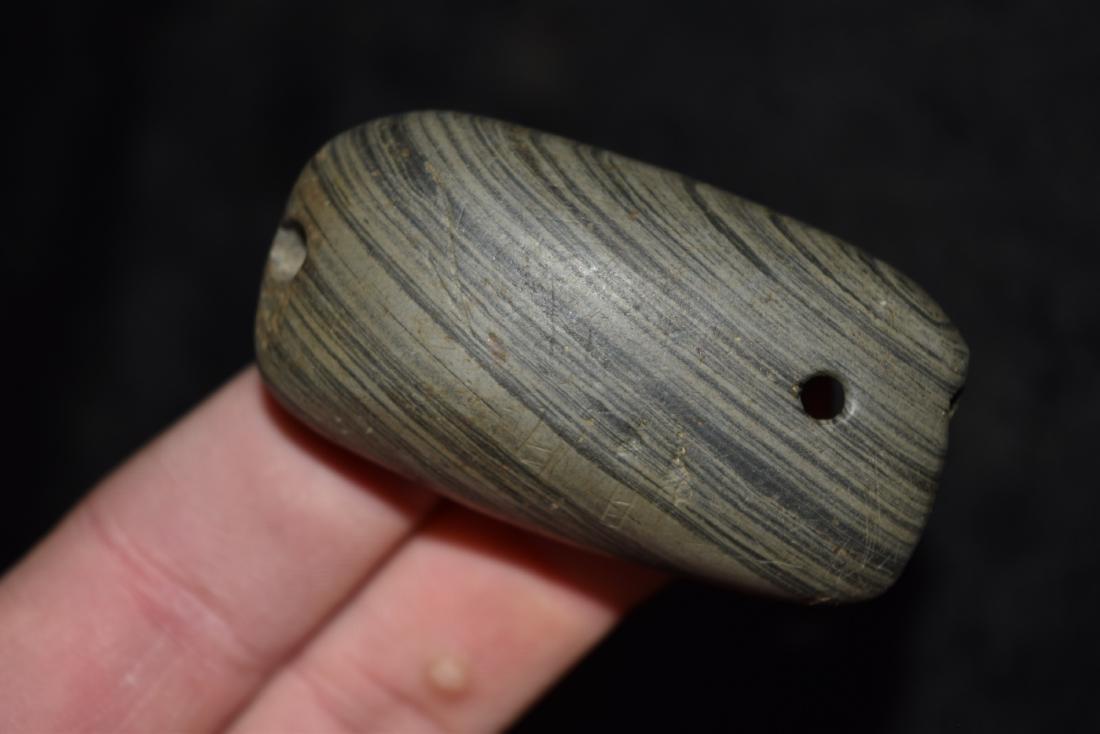 2 3/8" x 1 1/4" Drilled Banded Slate Boatstone, Ross: 2 3/8" x 1 1/4" Drilled Banded Slate Boatstone, Ross Co, OH, Ex Parks Coll.