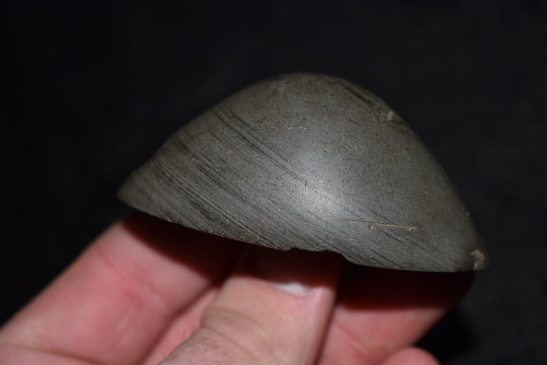 2 7/8" x 1 5/8" Cupped Out and Drilled Banded Slate: 2 7/8" x 1 5/8" Cupped Out and Drilled Banded Slate Nice Boat Stone, Posey Co, IN