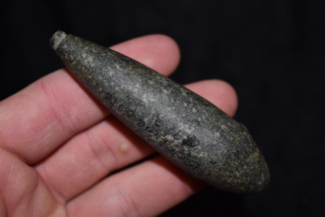 3 5/8" Hardstone Plummet Found at the Berline Site,: 3 5/8" Hardstone Plummet Found at the Berline Site, Greene Co, IL