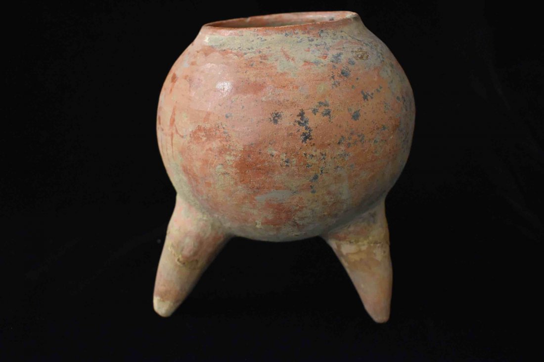 7" Tall Red Painted Tri Leg, Pre Columbian Vessel (1 of 9)