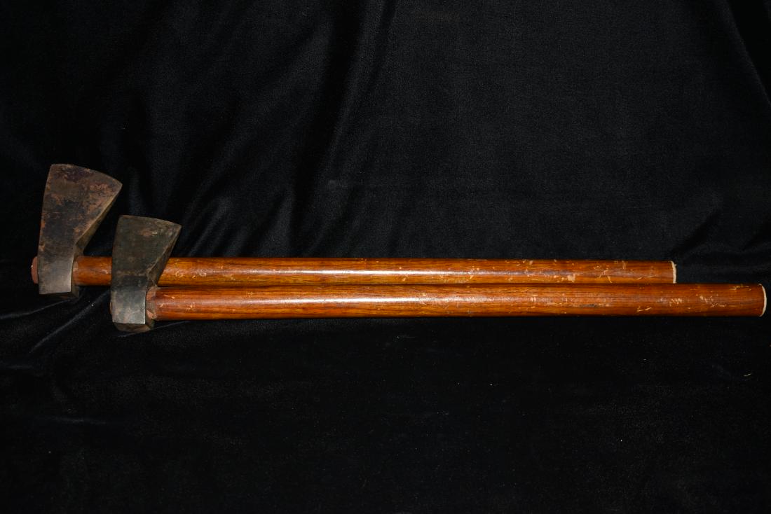 Pair of very old throwing axes.  Hand made.  21" Long (1 of 4)
