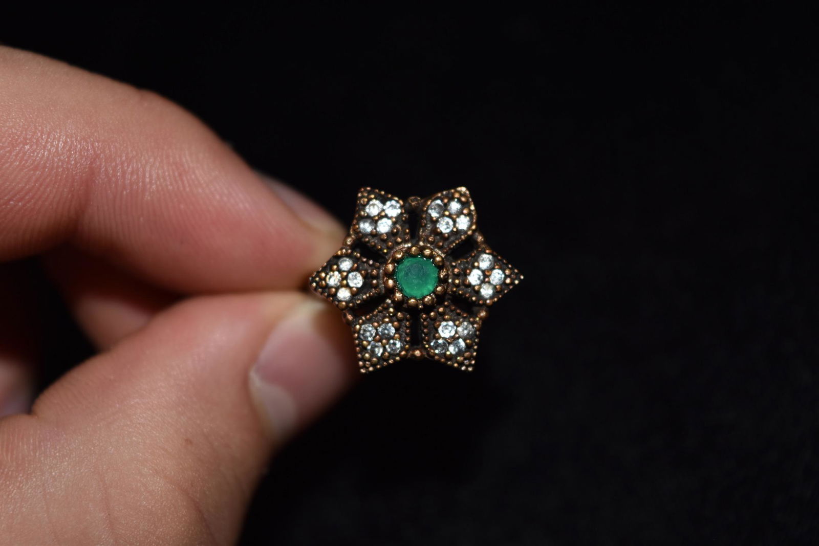 Emerald & CZ, Sterling Silver Antique Ring, Size 6 (1 of 4)
