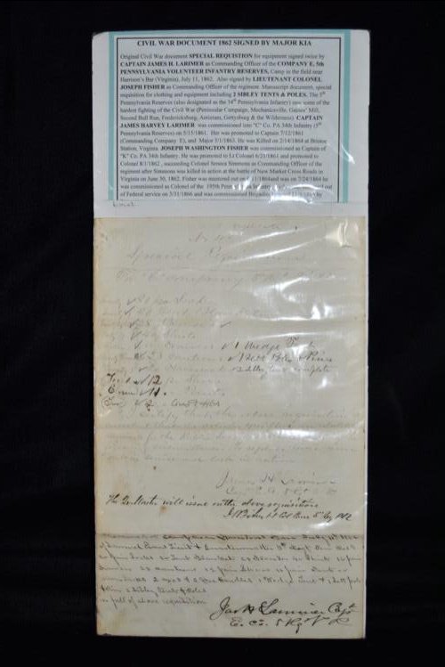 1862 Civil War Document, Signed by Major KIA, Captain (1 of 6)