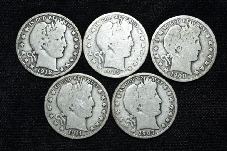 Lot of 5 Barber Half Dollars, 1905, 1912, 1908, 1911, (1 of 3)