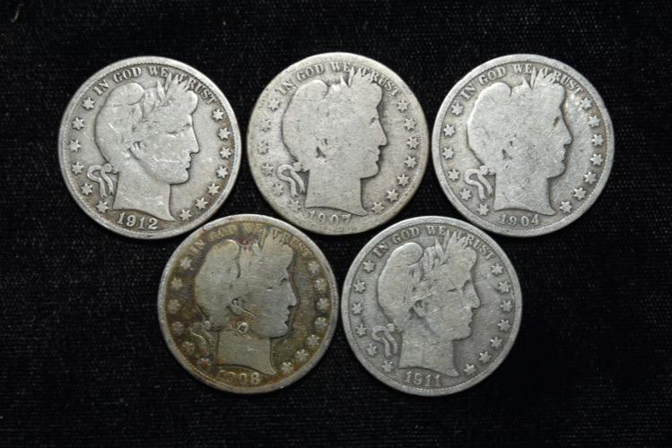 Lot of 5 Barber Half Dollars, 1904, 1912, 1908, 1911, (1 of 3)