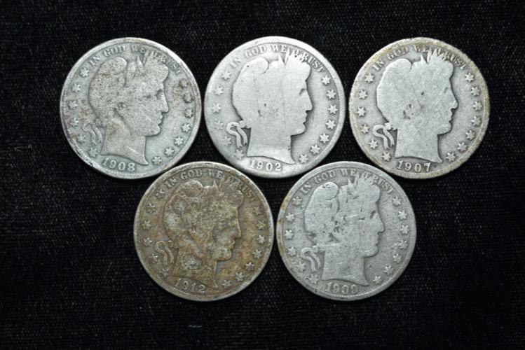 Lot of 5 Barber Half Dollars, 1902, 1912, 1908, 1907, (1 of 3)