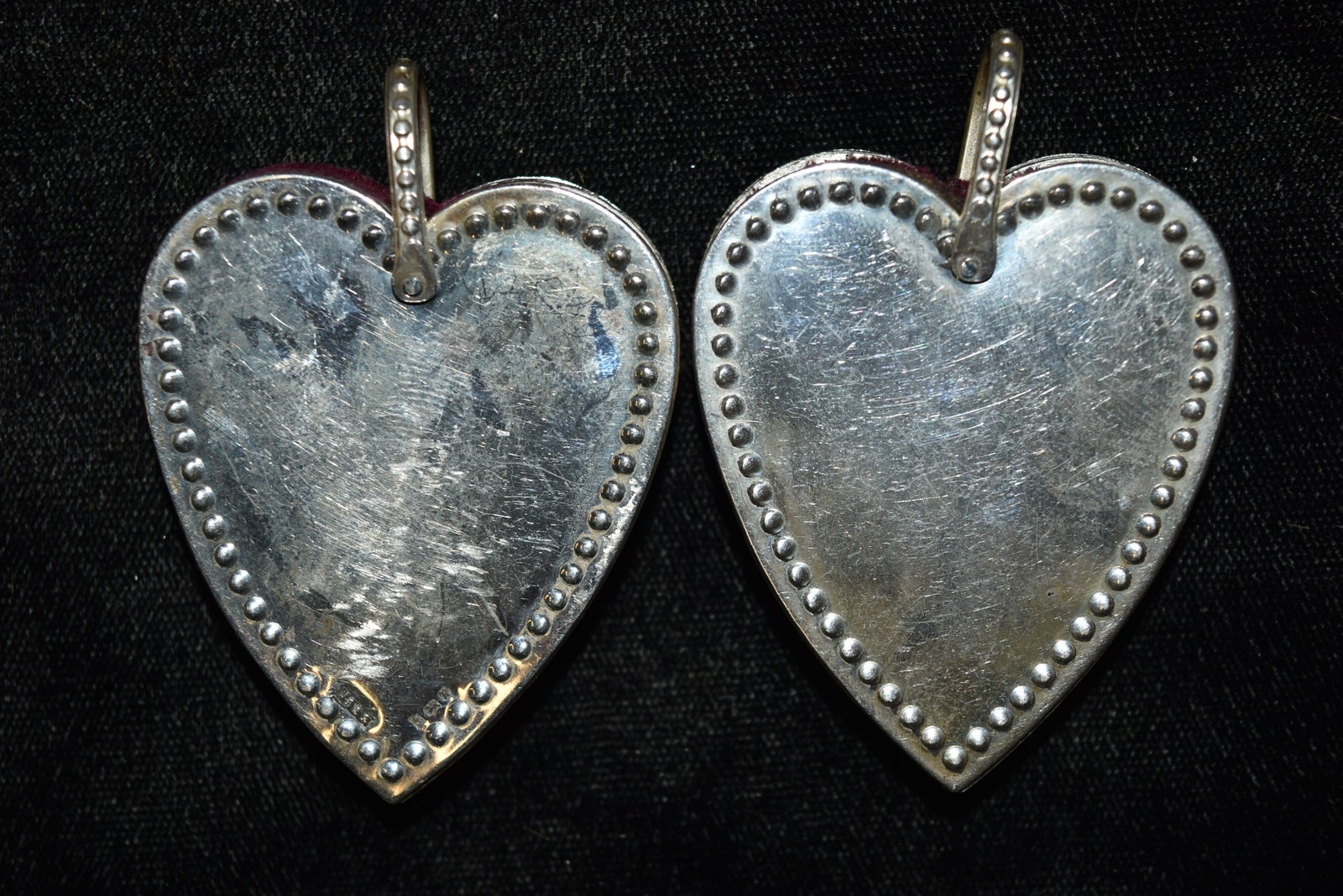 Two sterling heart shaped pin cushions: Two sterling heart shaped pin cushions