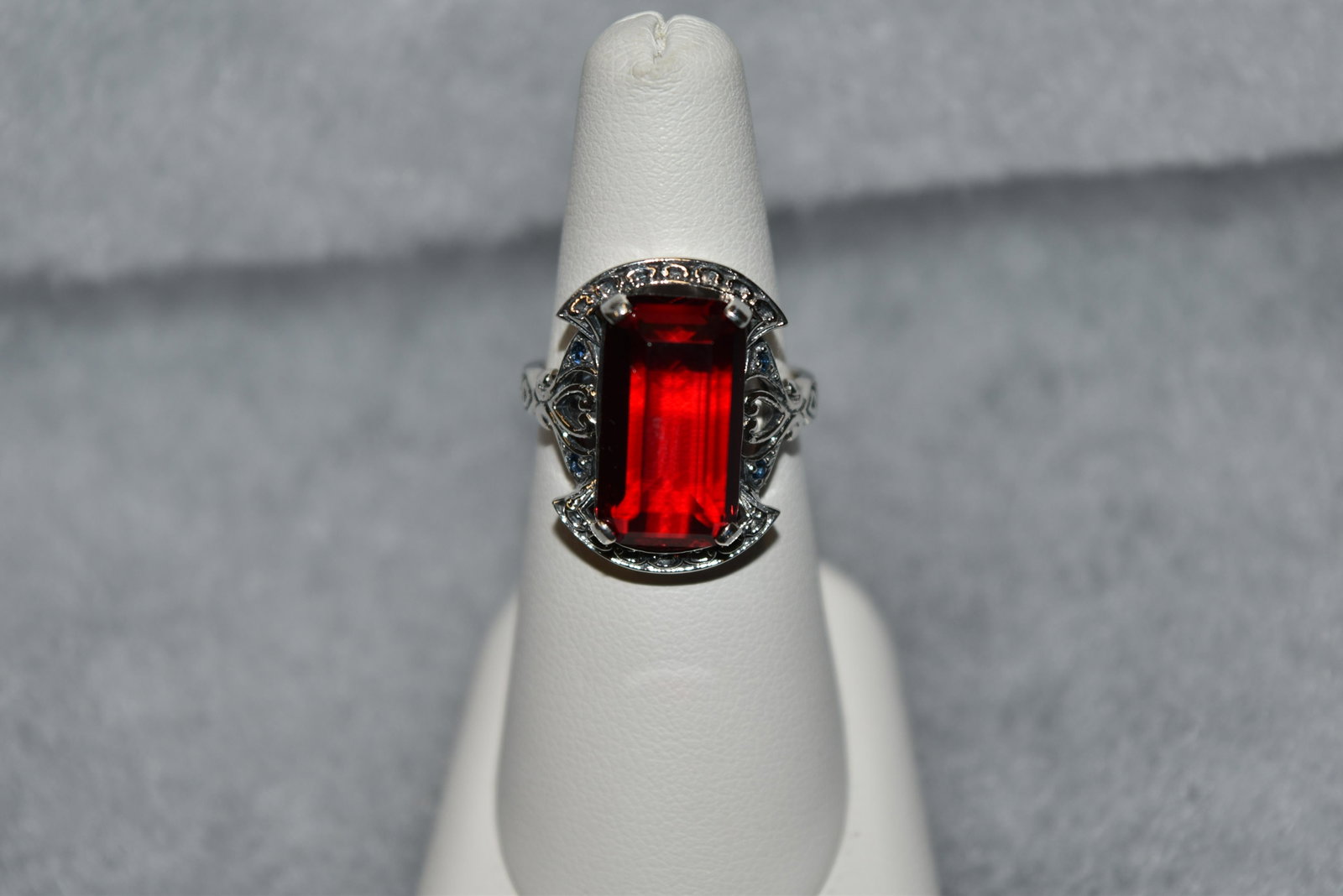 Fancy Filigree 10 ct. Lab Created Ruby and Sapphire: Fancy Filigree 10 ct. Lab Created Ruby and Sapphire Sterling Ring, Size 8 3/4