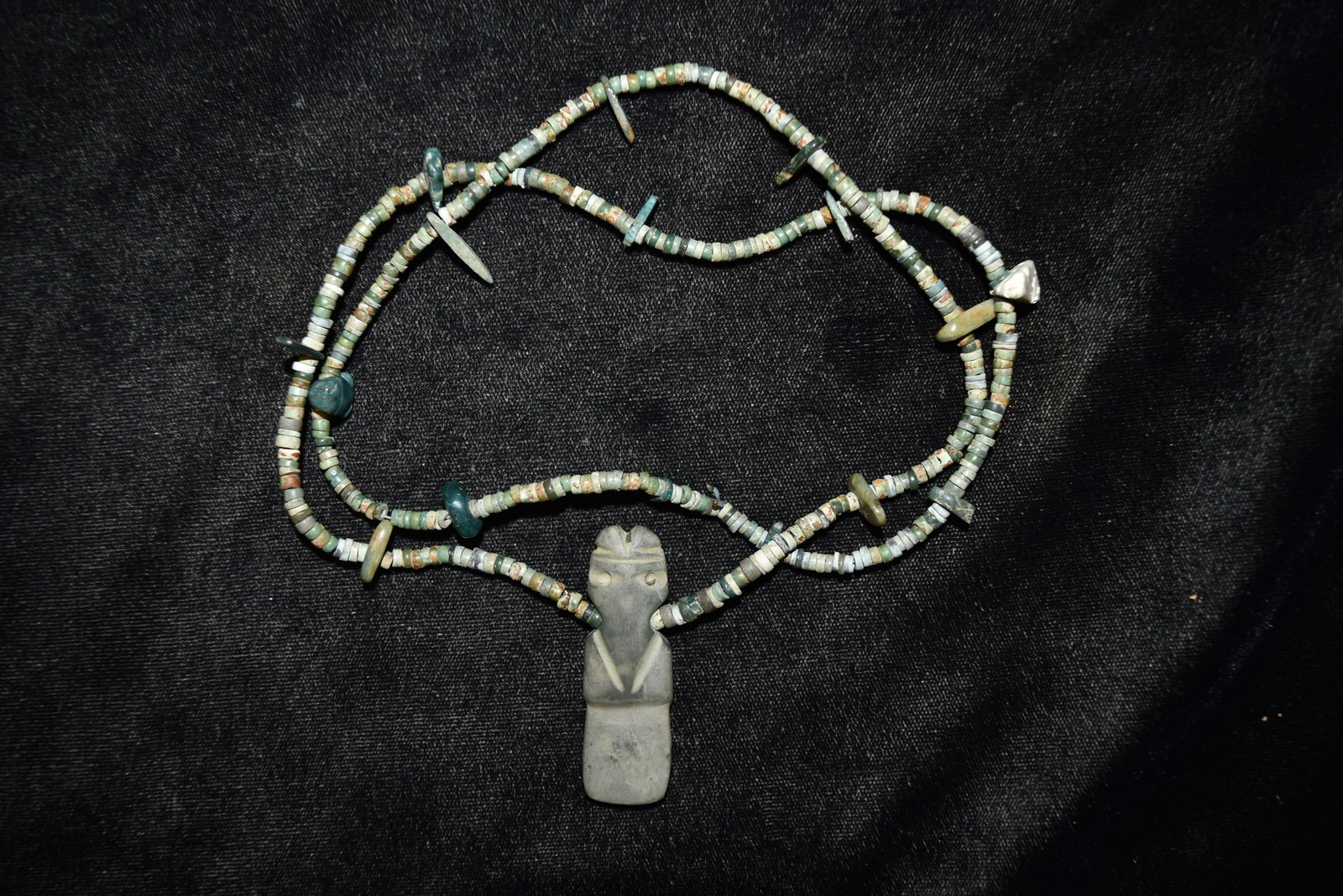 14 1/2" Strand of Jade Beads with Axe God Pendant, Pre: 14 1/2" Strand of Jade Beads with Axe God Pendant, Pre Columbian Central America, Arrowhead, Native American Artifact
