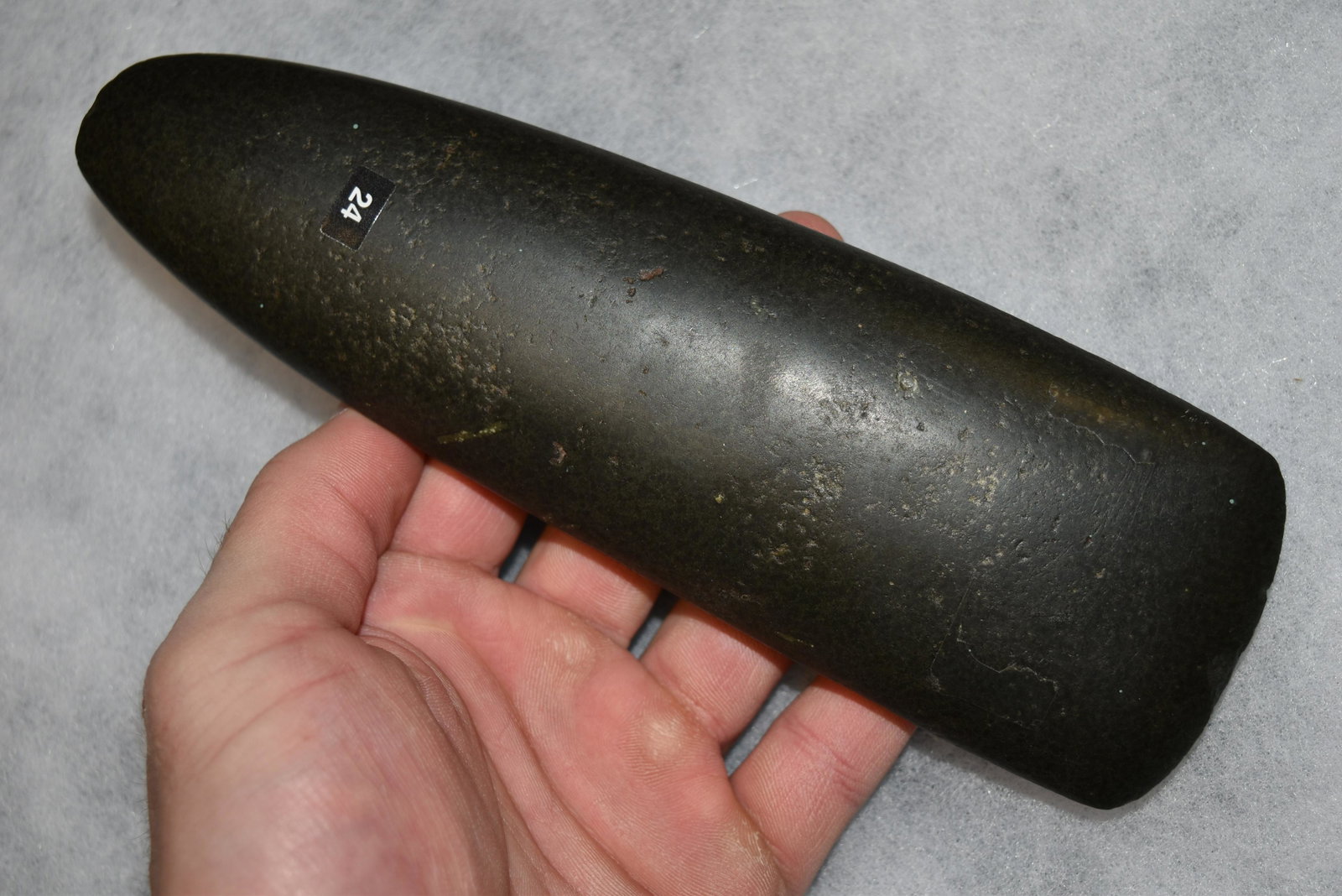 8" Very Thin Long Pole Celt, Black Hardstone with: 8" Very Thin Long Pole Celt, Black Hardstone with Exceptional Polish, Fine Condition, Ex Tom Davis, Arrowhead, Native American Artifact