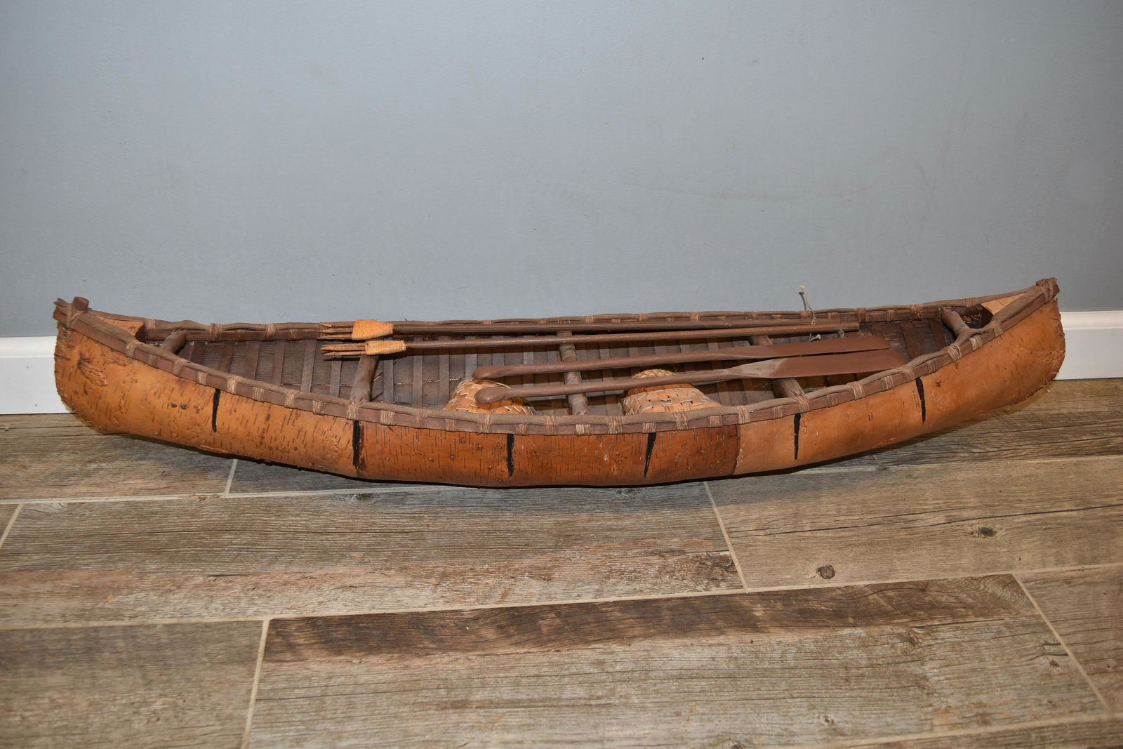 35" Vintage Birch Bark Canoe with Reed Baskets and Wood (1 of 9)