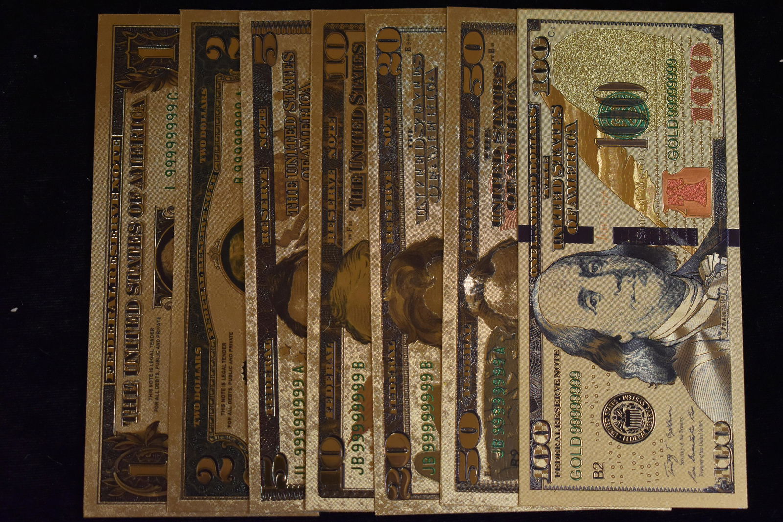LOT OF 7 GOLD PLATED REPLICA CURRENCY (1 of 3)