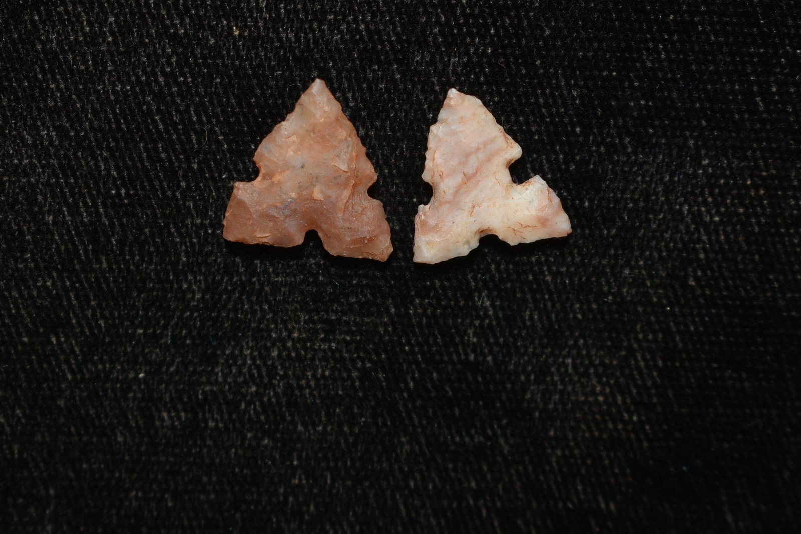 Lot of 2 Triangular Points, Largest measures .540",: Lot of 2 Triangular Points, Largest measures .540", Collection of Jess Jordan who lived in Foss, Washita Co., Oklahoma, Started Arrowhead Hunting in 1944, and hunted until his death in 1983. His colle