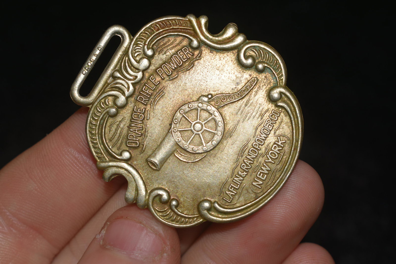 Laflin And Rand Company Watchfob-Orange Rifle Pownder-: Laflin And Rand Company Watchfob-Orange Rifle Pownder- Canon in the center of fob