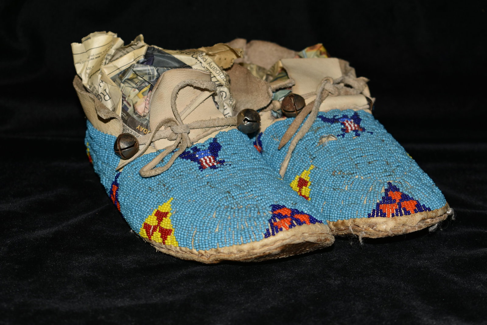 Pair of 10 1/2" Leather Beaded Moccasins with Bells, (1 of 8)