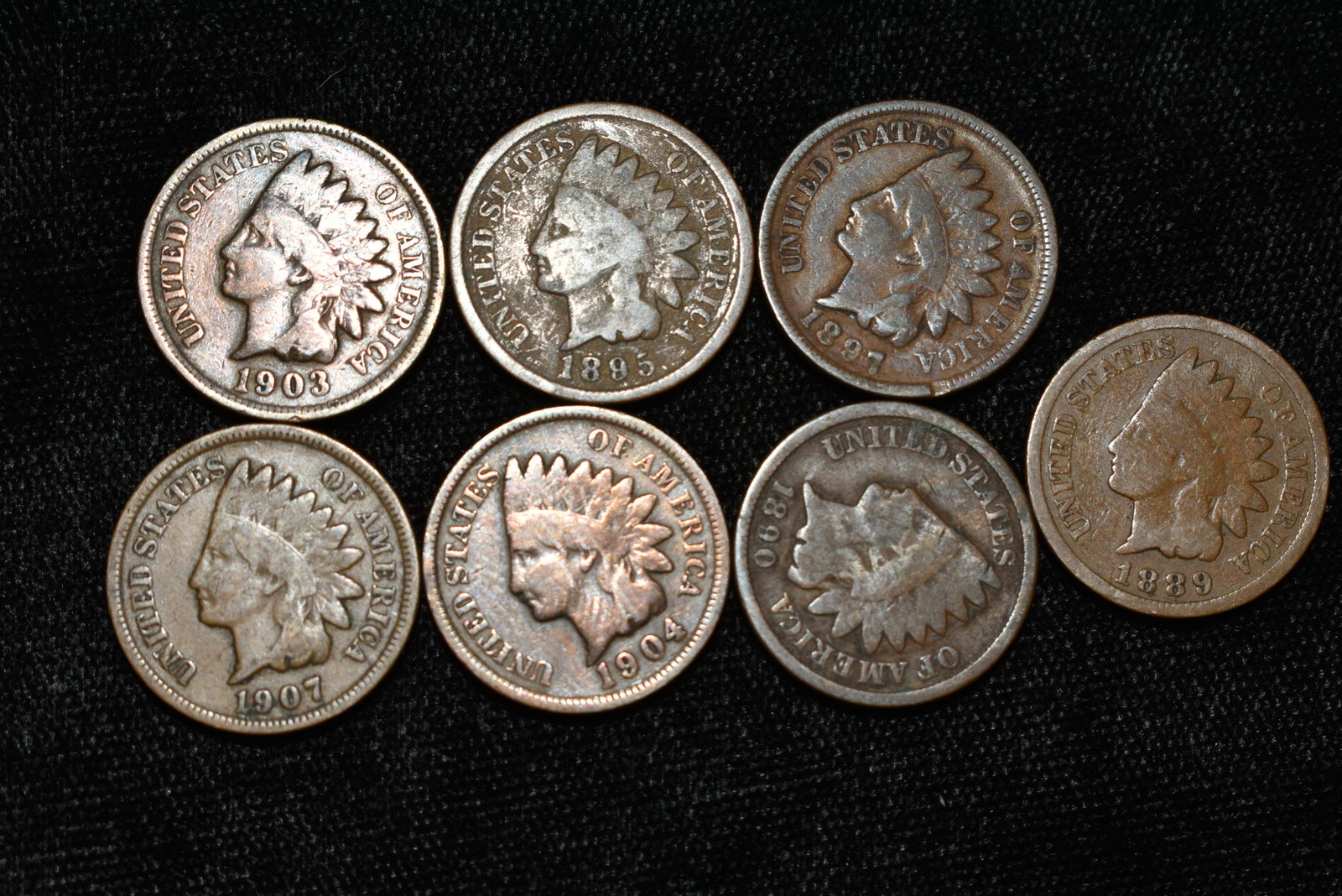 LOT OF 7 ALL DIFFERENT INDIAN HEAD PENNYS, 1889, 1890,: LOT OF 7 ALL DIFFERENT INDIAN HEAD PENNYS, 1889, 1890, 1895, 1897, 1903, 1904, 1907, ONE CENT