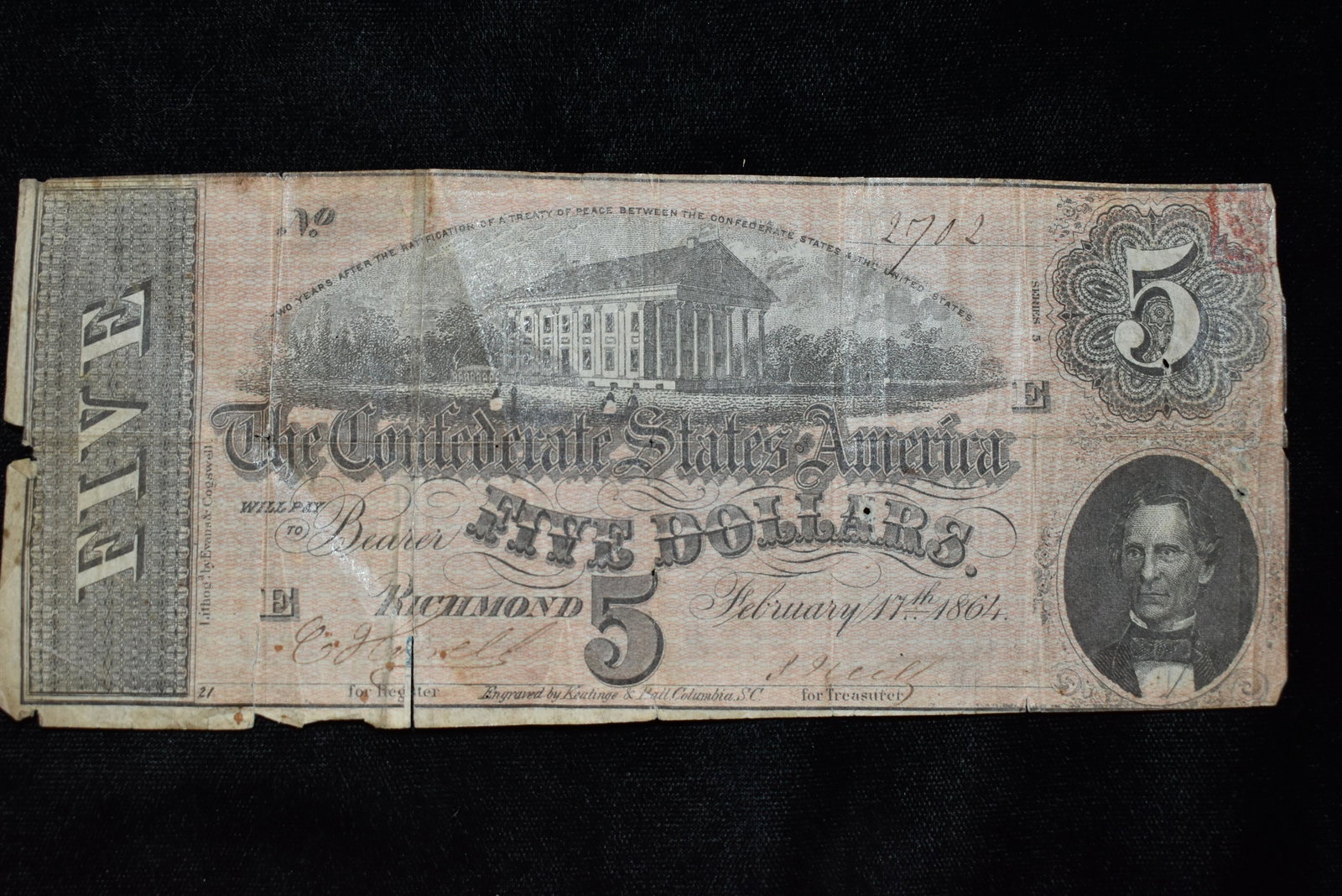 1864 CIVIL WAR CONFEDERATE CURRENCY $5 BILL: 1864 CIVIL WAR CONFEDERATE CURRENCY $5 BILL