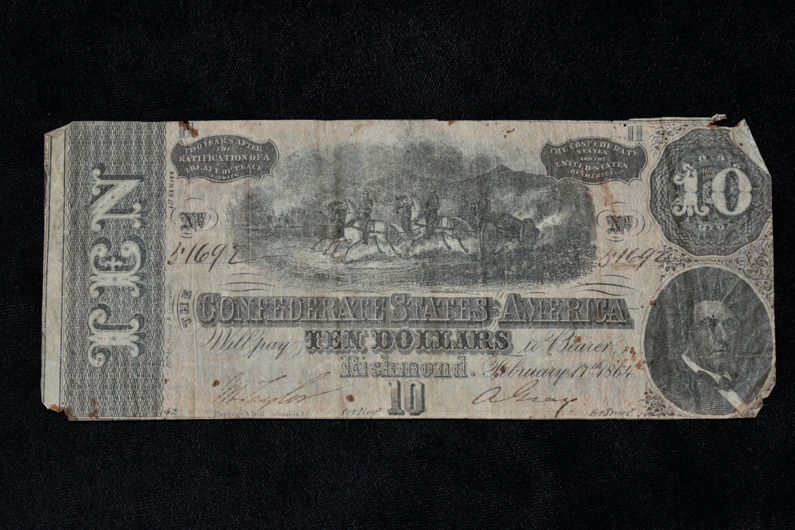 1864 CIVIL WAR CONFEDERATE CURRENCY $10 BILL: 1864 CIVIL WAR CONFEDERATE CURRENCY $10 BILL