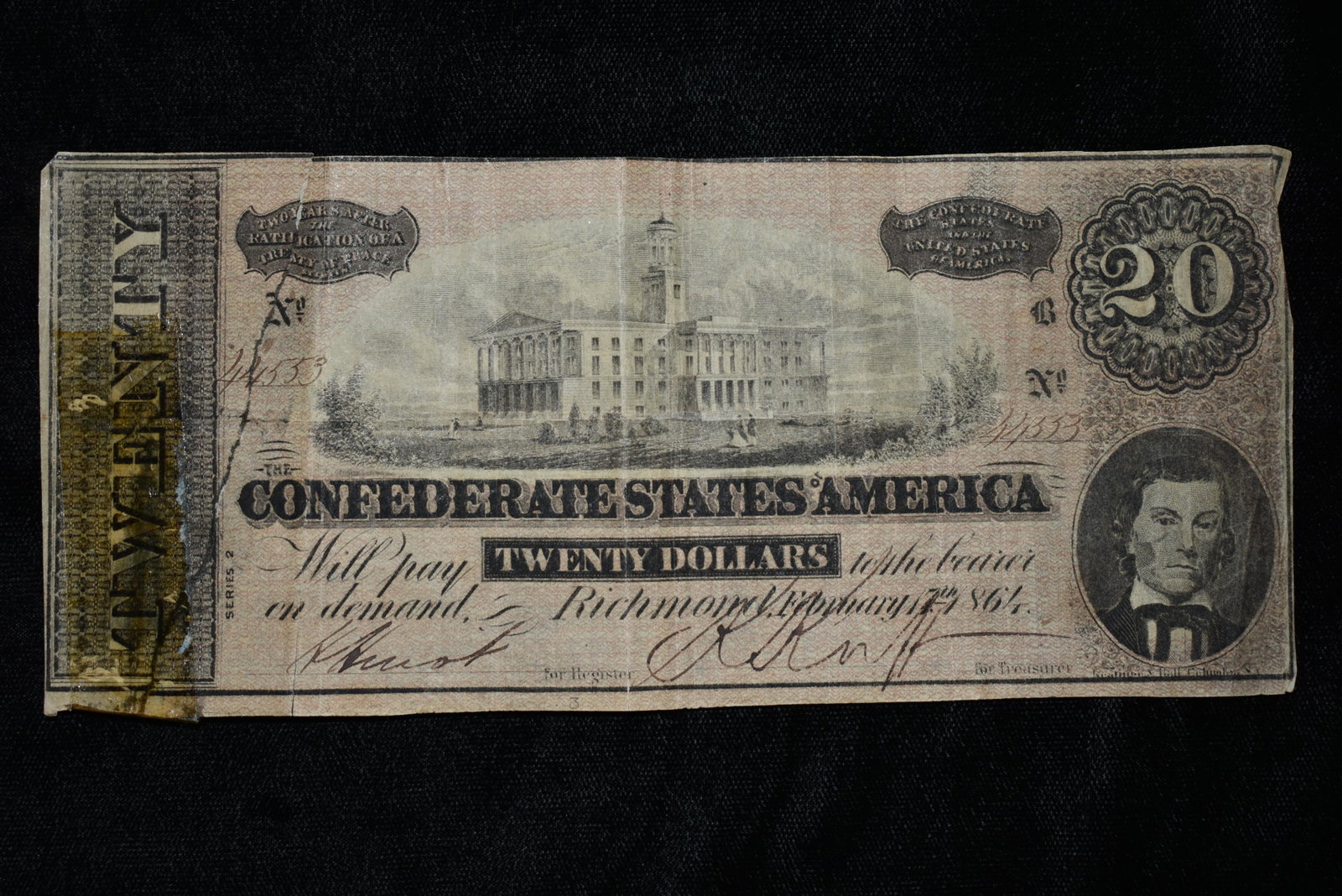 1864 CIVIL WAR CONFEDERATE CURRENCY $20 BILL: 1864 CIVIL WAR CONFEDERATE CURRENCY $20 BILL