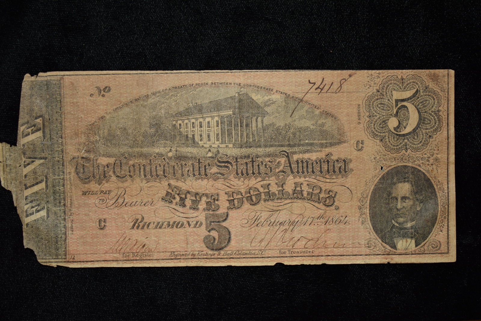1864 CIVIL WAR CONFEDERATE CURRENCY $5 BILL: 1864 CIVIL WAR CONFEDERATE CURRENCY $5 BILL