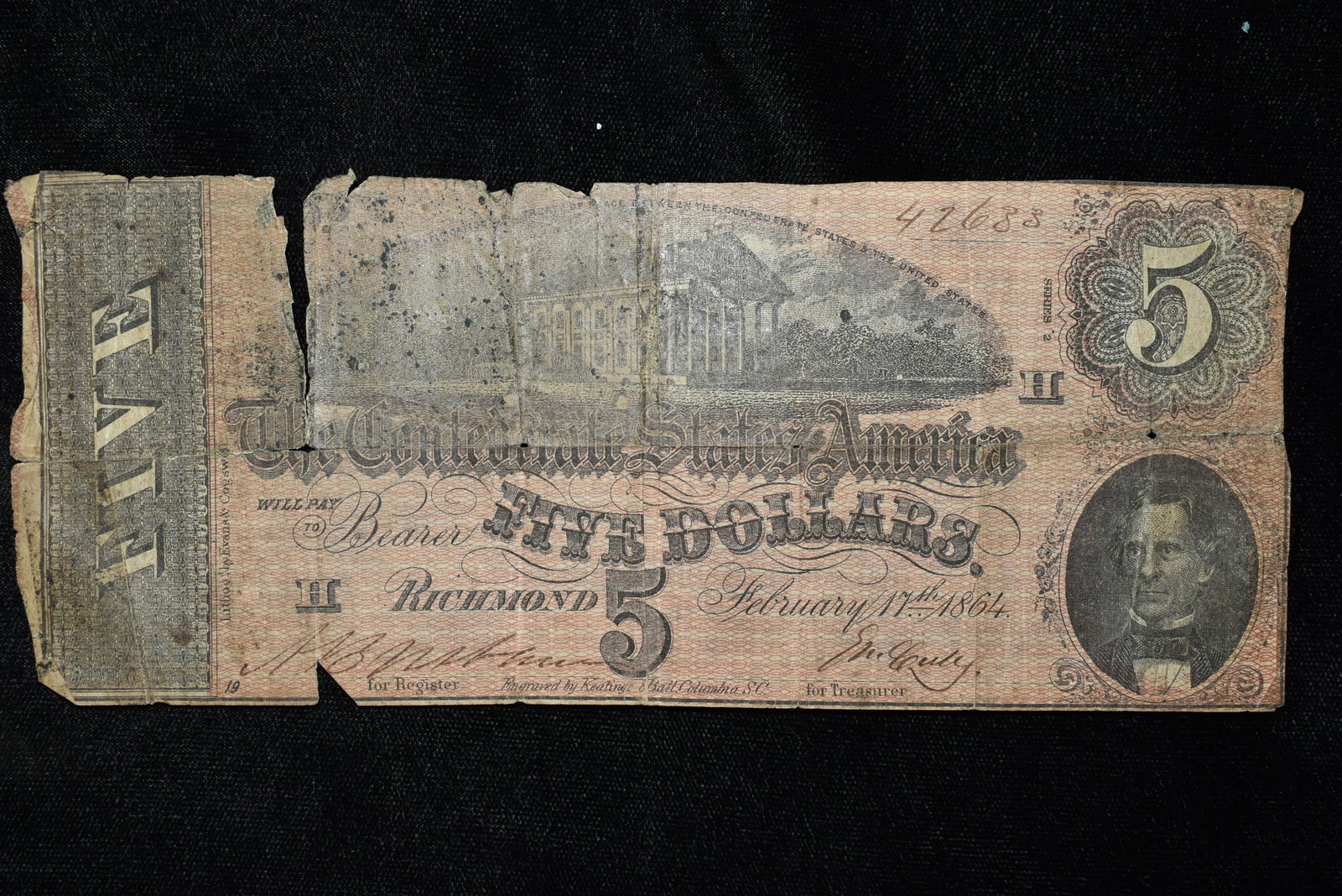 1864 CIVIL WAR CONFEDERATE CURRENCY $5 BILL: 1864 CIVIL WAR CONFEDERATE CURRENCY $5 BILL