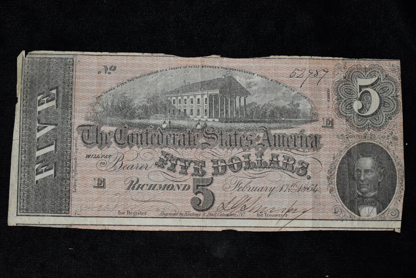 1864 CIVIL WAR CONFEDERATE CURRENCY $5 BILL: 1864 CIVIL WAR CONFEDERATE CURRENCY $5 BILL