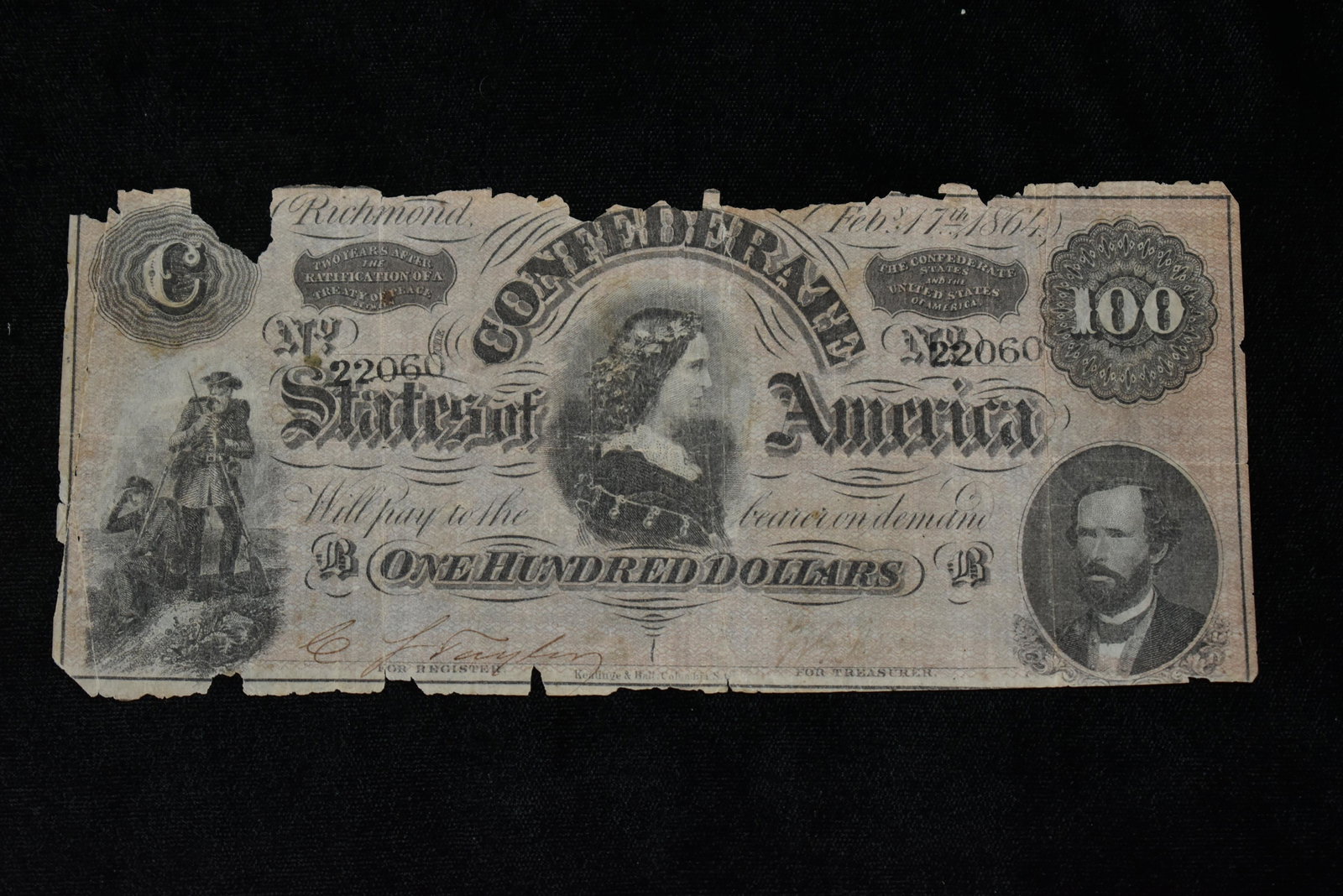 RARE! 1864 CIVIL WAR CONFEDERATE CURRENCY $100 BILL,: RARE! 1864 CIVIL WAR CONFEDERATE CURRENCY $100 BILL, DATED FEB 17TH, 1864