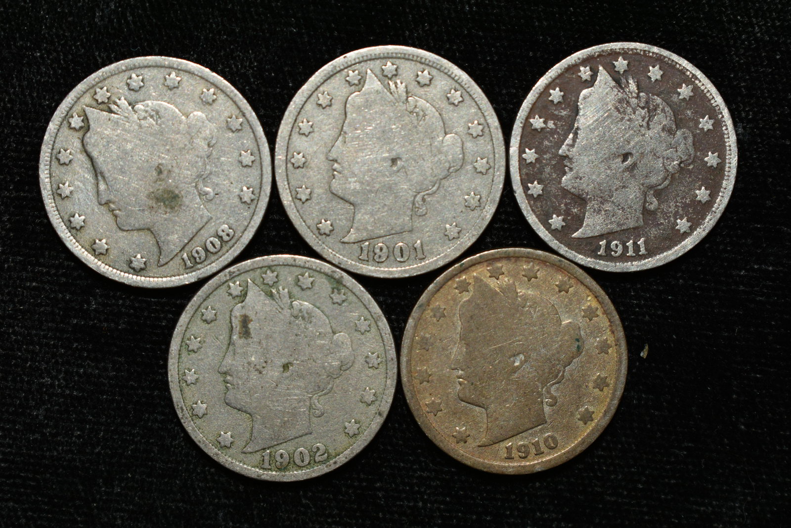 LOT OF 5 DIFFERENT LIBERTY "V" NICKELS, 1901, 1902,: LOT OF 5 DIFFERENT LIBERTY "V" NICKELS, 1901, 1902, 1908, 1910, 1911