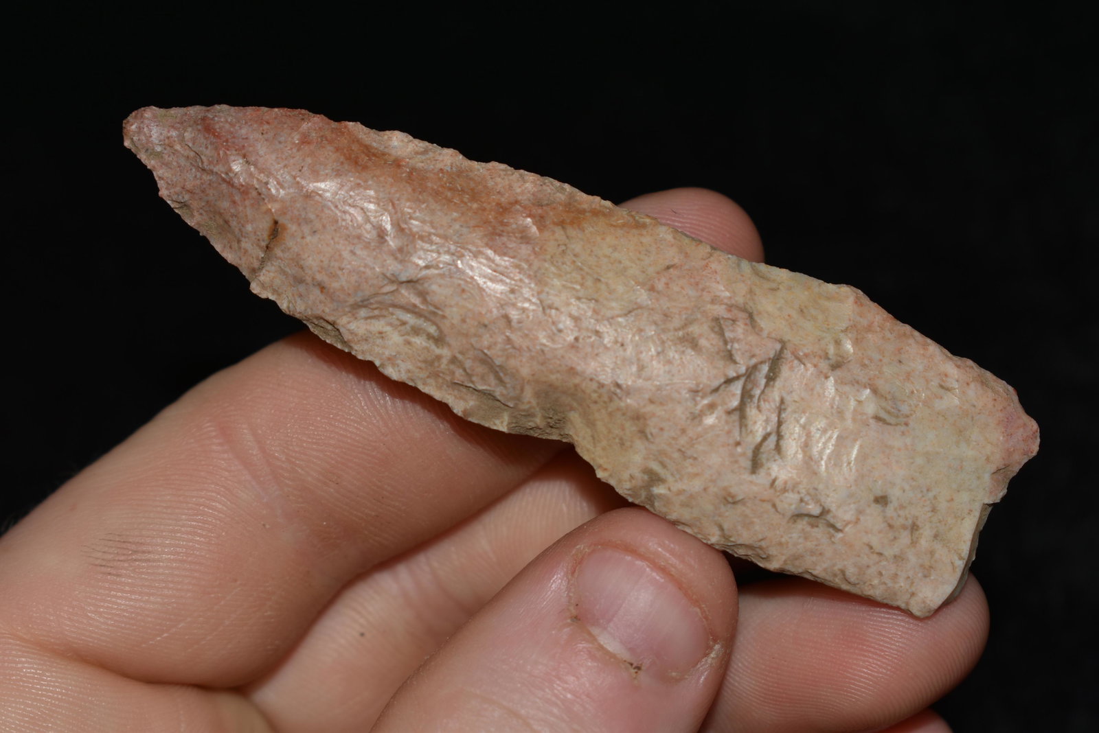 3" Karnak, Heavily Ground Base, Good Colorful Flint,: 3" Karnak, Heavily Ground Base, Good Colorful Flint, This collection contains the personally found relics of Steve Koch, Winchester Illinois. Steve hunted relics his entire life with family and friend