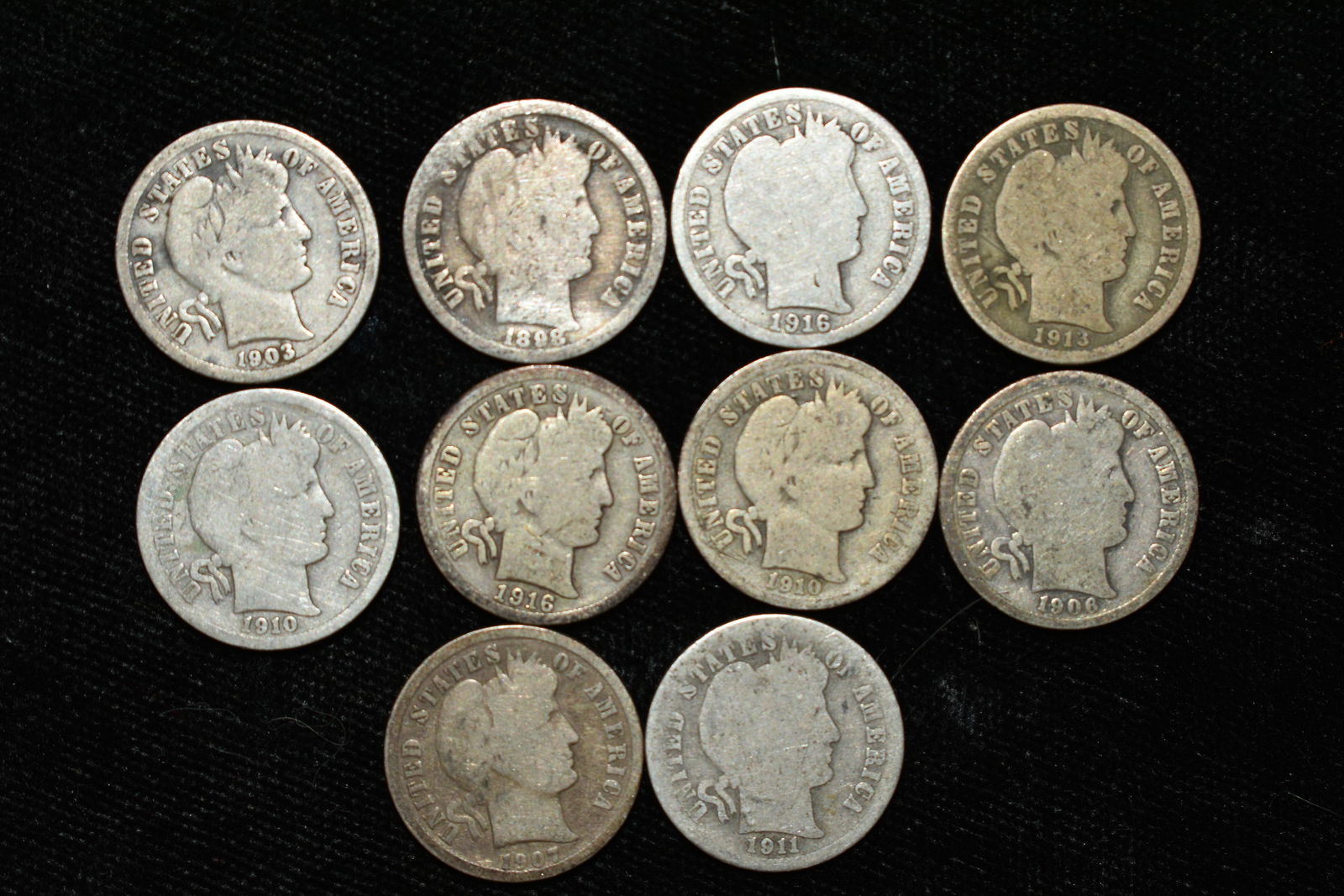 10 barber dimes. Please see photo to grade (1 of 2)