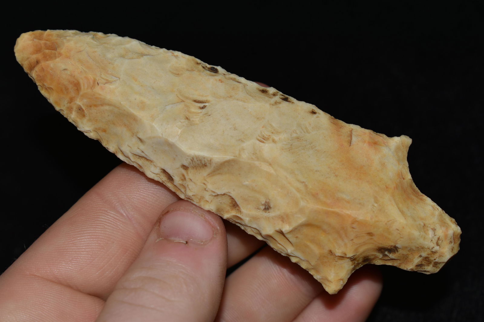 4 1/4" CREEK STAINED ADENA FOUND IN ST CHARLES COUNTY: 4 1/4" CREEK STAINED ADENA FOUND IN ST CHARLES COUNTY MISSOURI, FOUND BY JAMES COOKSEY, NATIVE AMERICAN ARROWHEAD, INDIAN ARTIFACT