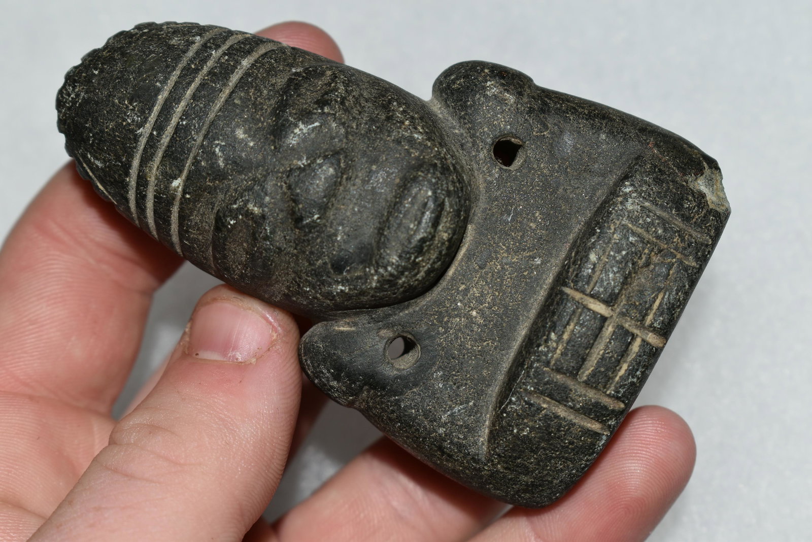 3 1/4" TALL PRE COLUMBIAN OLMEC HUMAN EFFIGY GORGET, (1 of 5)