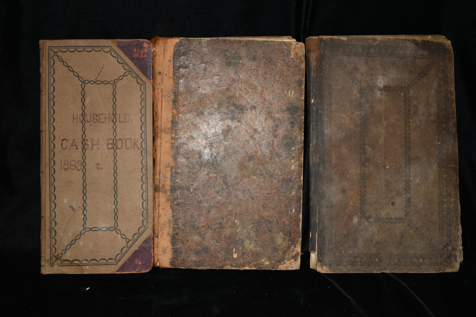 3 Household Ledgers from mid to late 1800's. Tattered: 3 Household Ledgers from mid to late 1800's. Tattered from age but still readable. 12" Tall. 2 are Leather Covered.