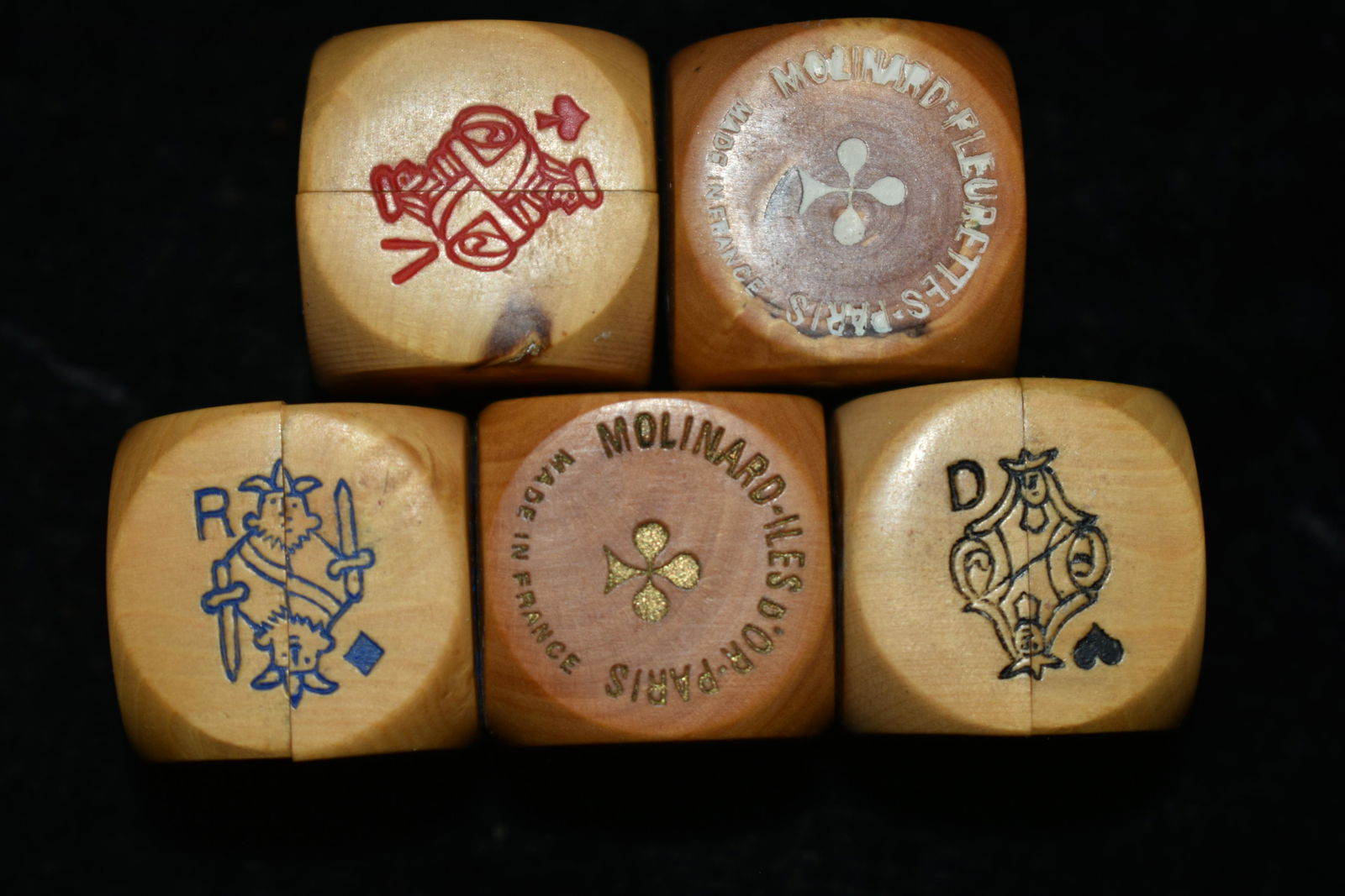 1930's Paris France Molinard Fleurettes Perfume Dice: 1930's Paris France Molinard Fleurettes Perfume Dice Set (x5) hidden trick. Made of Wood. 5/8" approximate. Very little wear or fading.