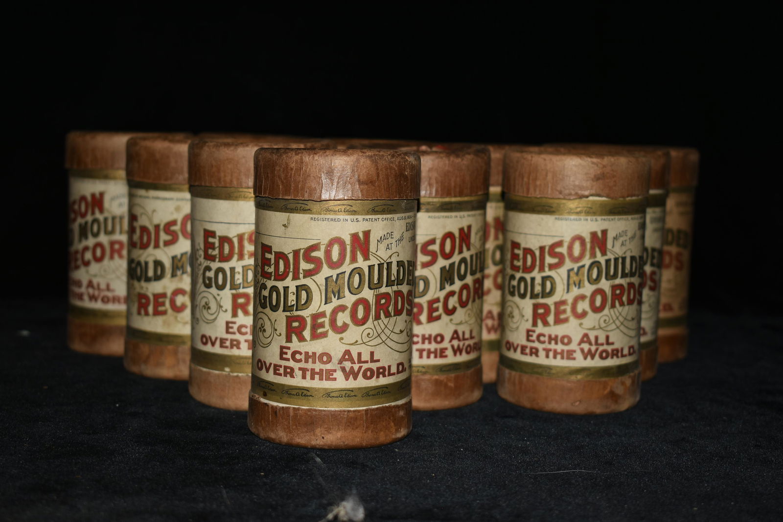 Group of thirteen Edison Gold Moulded cylider: Group of thirteen Edison Gold Moulded cylider phonograph records. Includes 12 intact and one broken in original boxes. Condition:twelve cylinders intact weith very minimal signs of wear, signs of wear