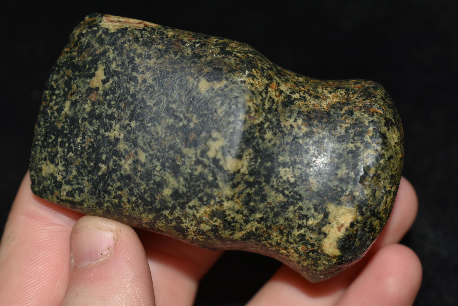 Very Fine 3" Archaic Full Groove Axe, Hamilition Co.,: Very Fine 3" Archaic Full Groove Axe, Hamilition Co., Illinois, Very Nice black and white granite with Porphory Inclusions Authentic Native American Artifact Arrowheads