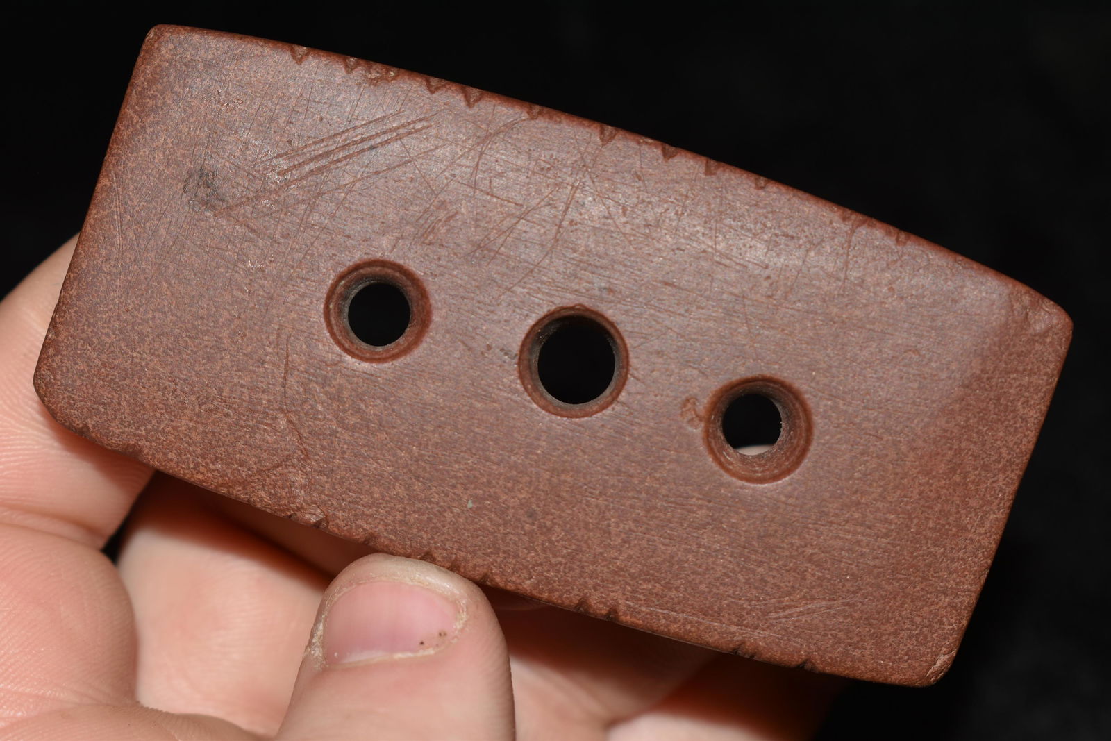 3 1/8" Wonderful 3 Holed Tally Gorget, Approx. 26: 3 1/8" Wonderful 3 Holed Tally Gorget, Approx. 26 Tally's, found in Indiana, Ex Vanderver Authentic Native American Artifact Arrowheads