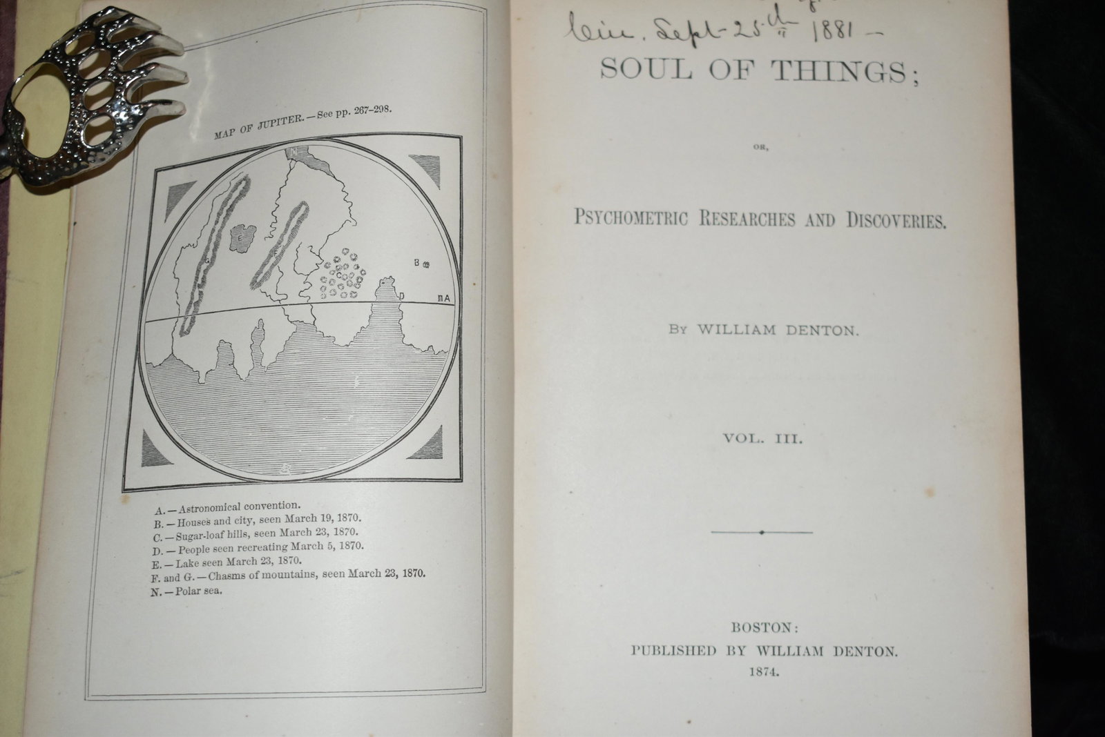 The Soul of Things 1st Ed. 1863: The Soul of Things 1st Ed. 1863. The Soul of Things Or, Psychometric Researches and Discoveries by Denton, William and Elizabeth M. F. Published by Walker, Wise and Company (1863). "The Soul of Things
