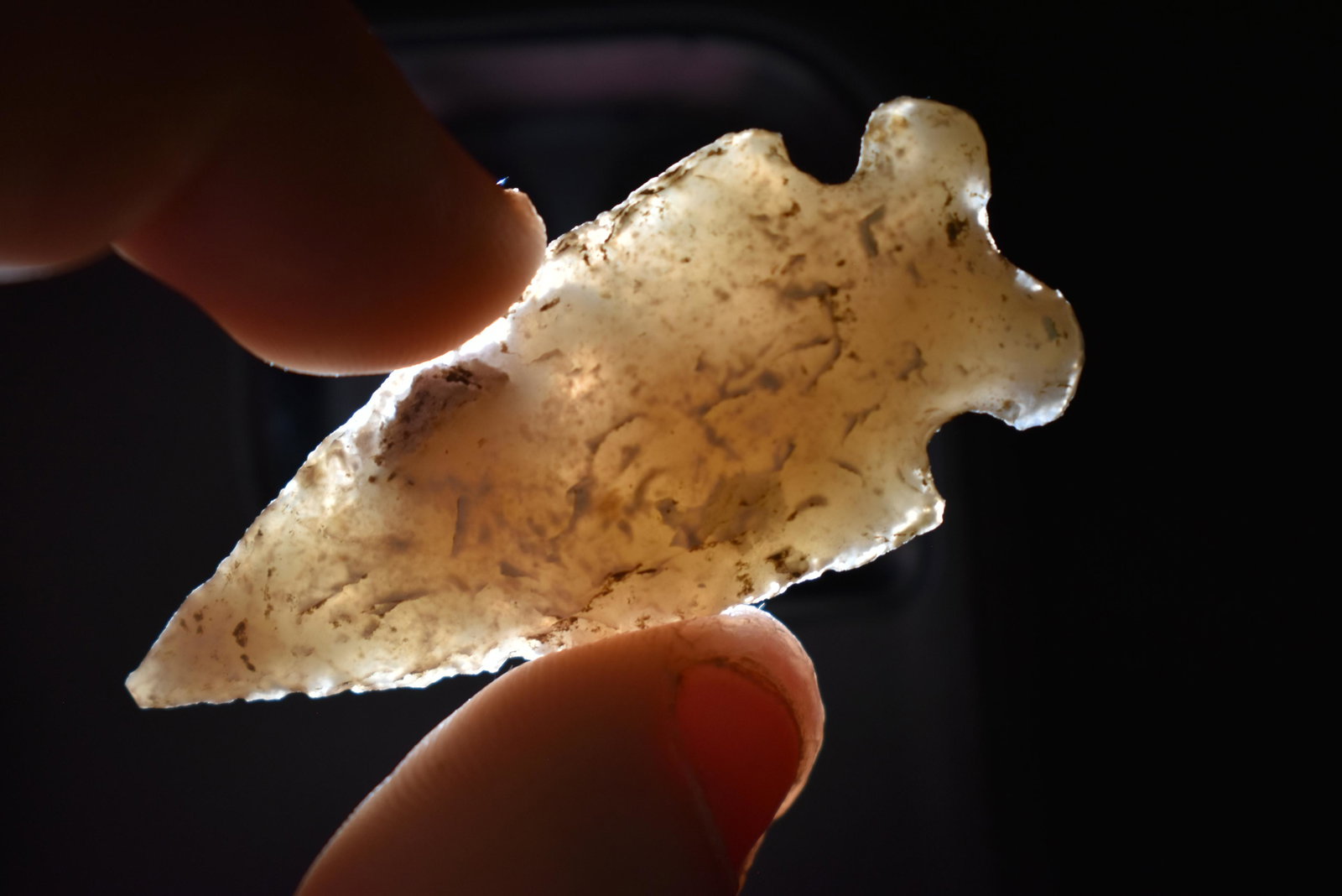 2" Emigrant point, Chalcedony, Found in Musselshell,: 2" Emigrant point, Chalcedony, Found in Musselshell, Montana. Creel Poore was born and raised in Musselshell, Montana where he found his first arrowhead at a very early age. This led Creel on a lifeti