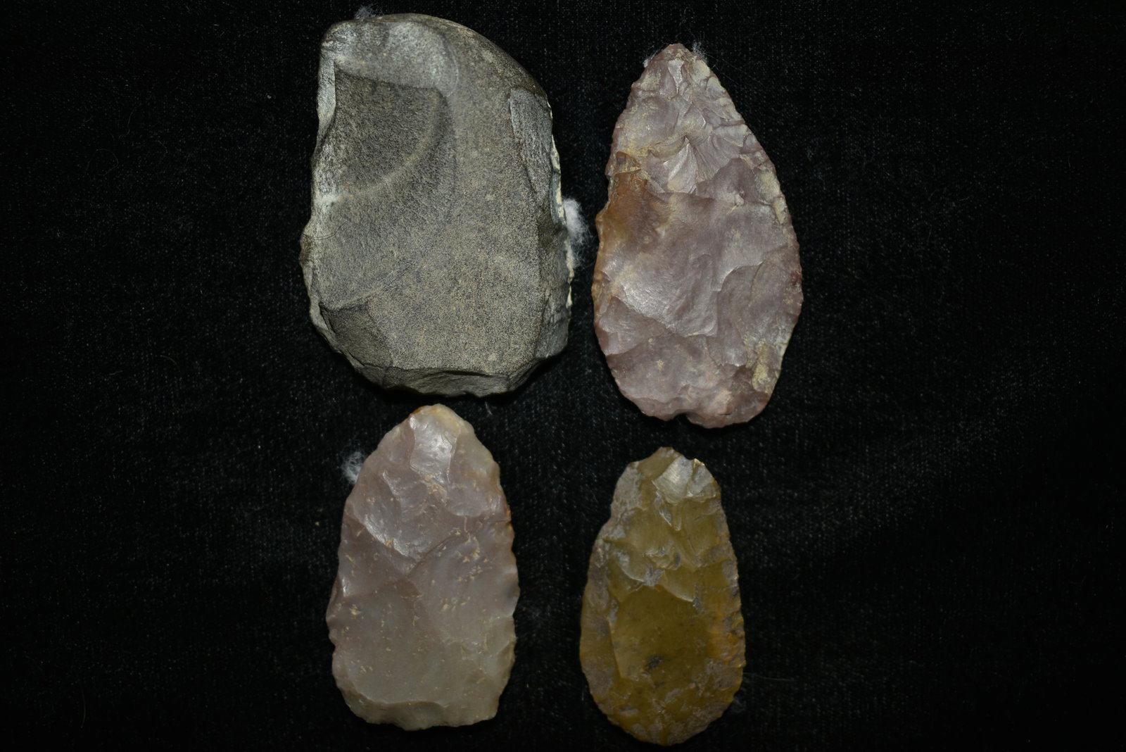 Lot of 4 Blades, Thumb Scrapers, Found in Musselshell,: Lot of 4 Blades, Thumb Scrapers, Found in Musselshell, Montana. Creel Poore was born and raised in Musselshell, Montana where he found his first arrowhead at a very early age. This led Creel on a life