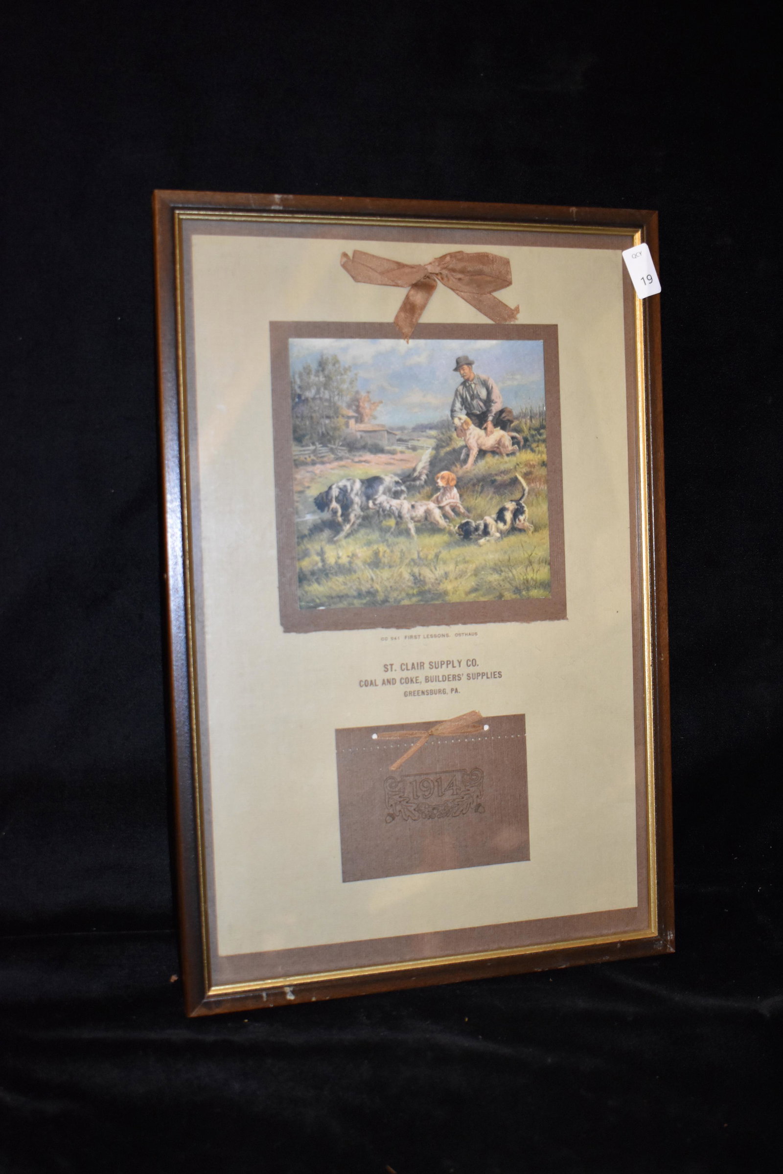 10x15" Framed Vintage Print 1914 "First Lessons" St.: 10x15" Framed Vintage Print 1914 "First Lessons" St. Claire Supply Co. Hunting Dog Pups, Antiques