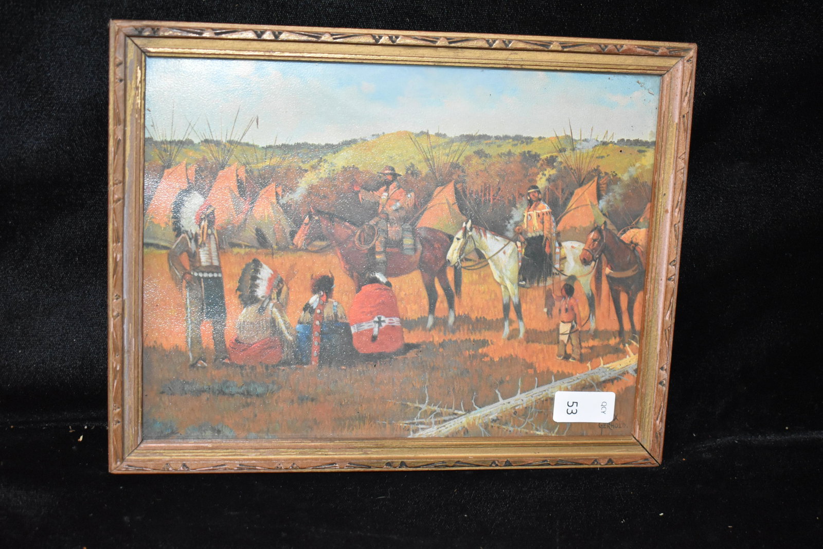 7x8 1/2" Vintage Framed Print of Cowboy in Indigeonous: 7x8 1/2" Vintage Framed Print of Cowboy in Indigeonous Camp by XXX Gerhold, Antiques