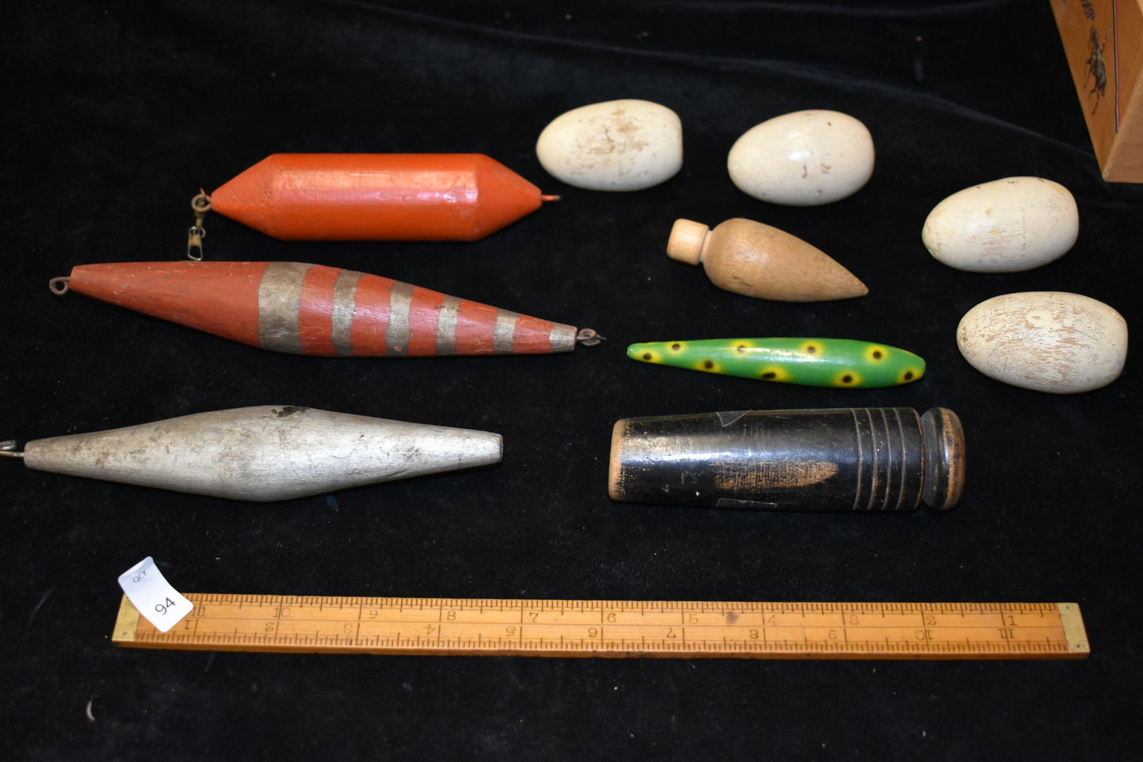 9 3/4" Cigar Box With Wooden Duck Call, Lures, and: 9 3/4" Cigar Box With Wooden Duck Call, Lures, and Decoy Eggs, Vintage/Antique Hunting