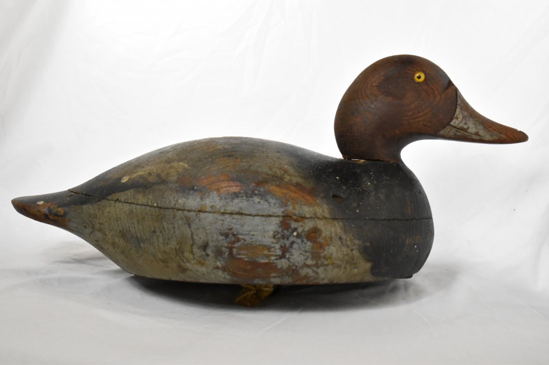 Red head Premier Drake Duck Decoy, Mason Hollow Worn: Red head Premier Drake Duck Decoy, Mason Hollow Worn O.P., White Paint Specs on Back, Hunting, Vintage/ Antiques