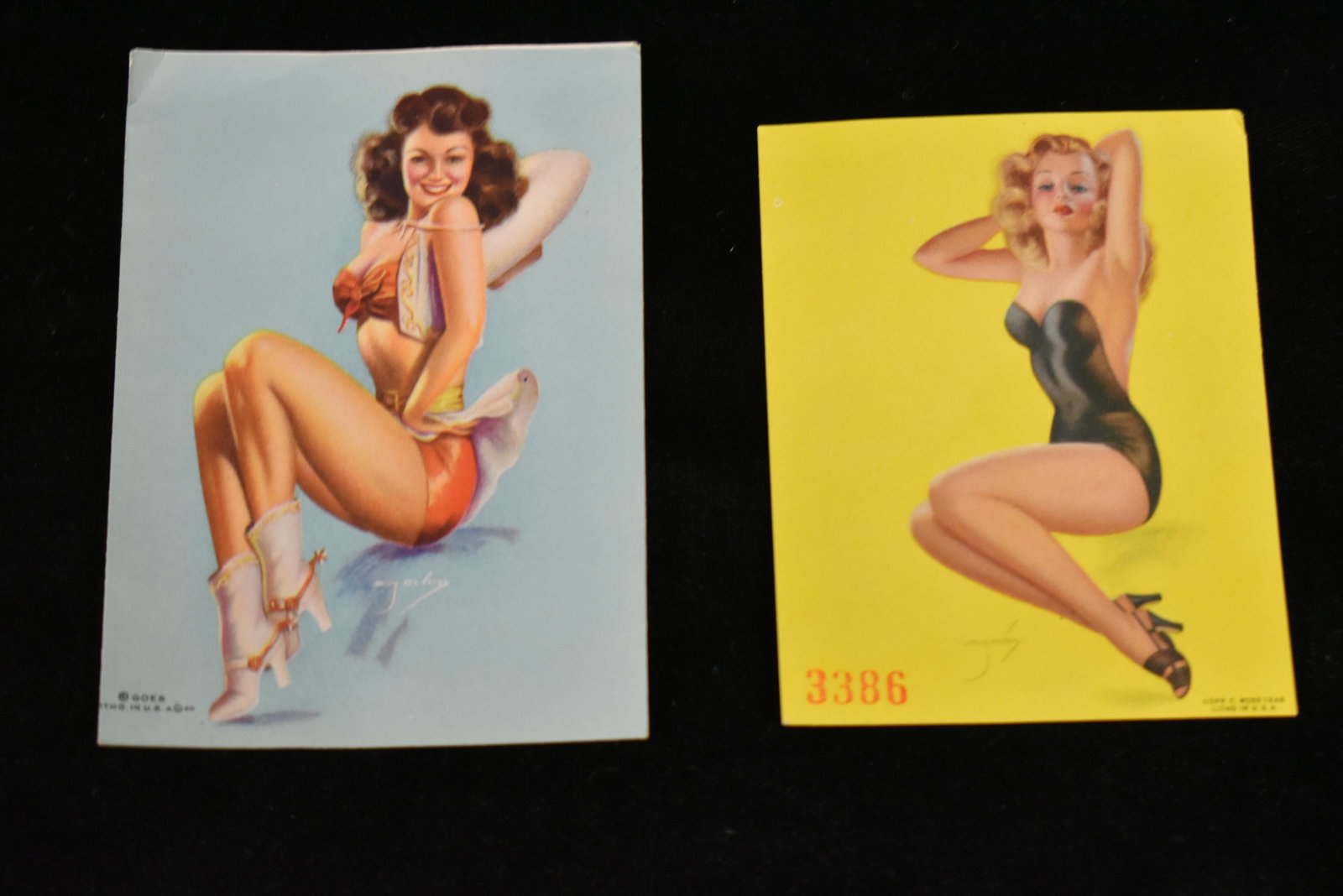PAIR OF ORIGINAL 1940'S PIN UP GIRLS, 3" X 4" & 2 3/4": PAIR OF ORIGINAL 1940'S PIN UP GIRLS, 3" X 4" & 2 3/4" X 3 1/2" SEMI-NUDE PINUPS
